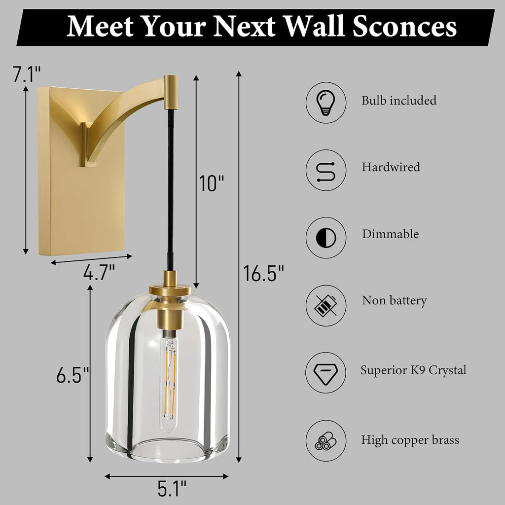 Crystal Brass Hemisphere Wall Sconce - Set of 2 Gold Brushed Dimmable Sconces with Bulbs - Luxury Indoor Lighting Fixture - Modern Hanging Light Decor for Bedroom Living Room Bathroom Vanity Hallway
