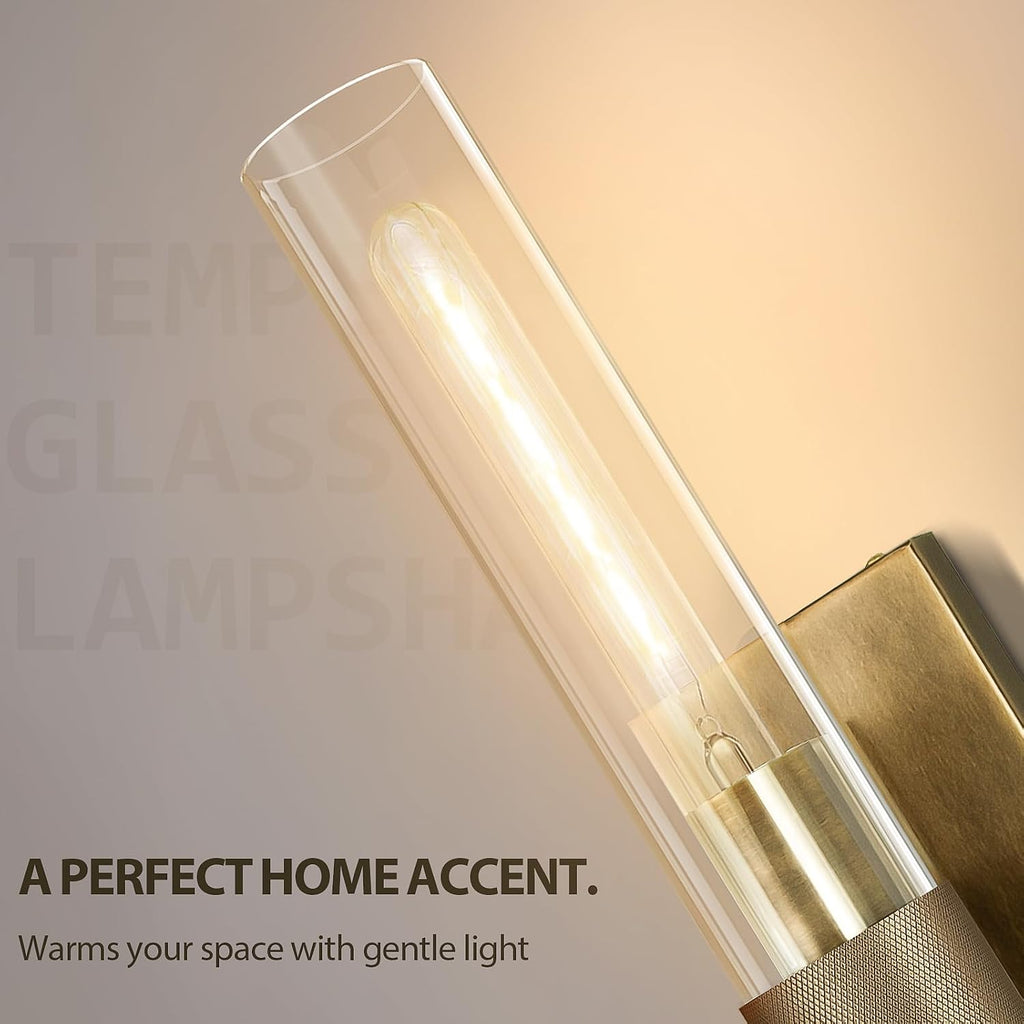 Wall Sconces Set of Two, Gold Bathroom Sconces Wall Lighting with Clear Glass, Modern Sconces Wall Decor Light Fixtures for Bathroom Mirror Living Room Hallway Bedroom
