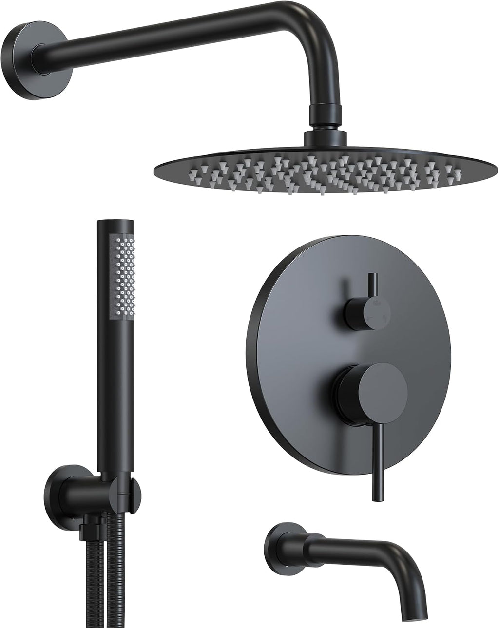 10 Inch Round Shower Faucet Set with Tub Spout, High Pressure Rainfall Shower Head and Handheld Sprayer Combo, Matte Black