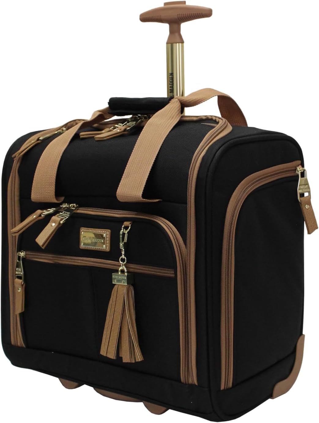 steve madden Designer 15 Inch Carry on Suitcase- Small Weekender Overnight Business Travel Luggage- Lightweight 2- Rolling Spinner Wheels Under Seat Bag for Women (Harlo Black)