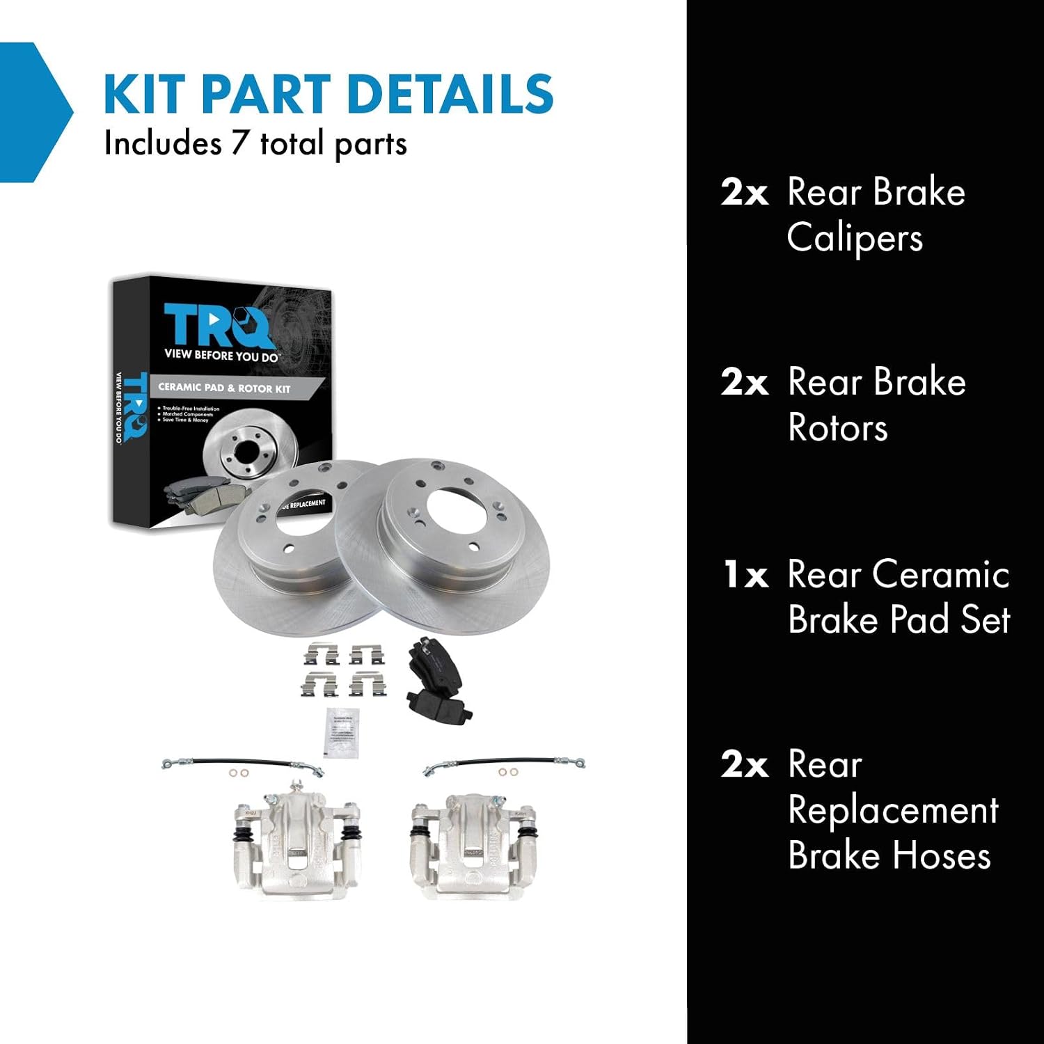TRQ Rear Brake Pad and Rotor Set Ceramic Rotors Calipers Hoses Compatible with 2012-2017 Hyundai Azera 2011-2015 Kia Optima