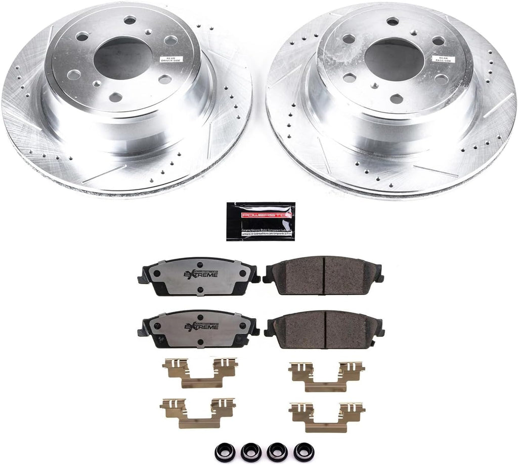 PowerStop Rear Brake Kit For Cadillac Escalade 2007-14 |Chevy Silverado 1500 2007-13 |GMC Sierra 1500 2007-13 -Truck & Tow Carbon Fiber Ceramic Brake Pads + Drilled & Slotted Rotors Upgrade, K2083-36