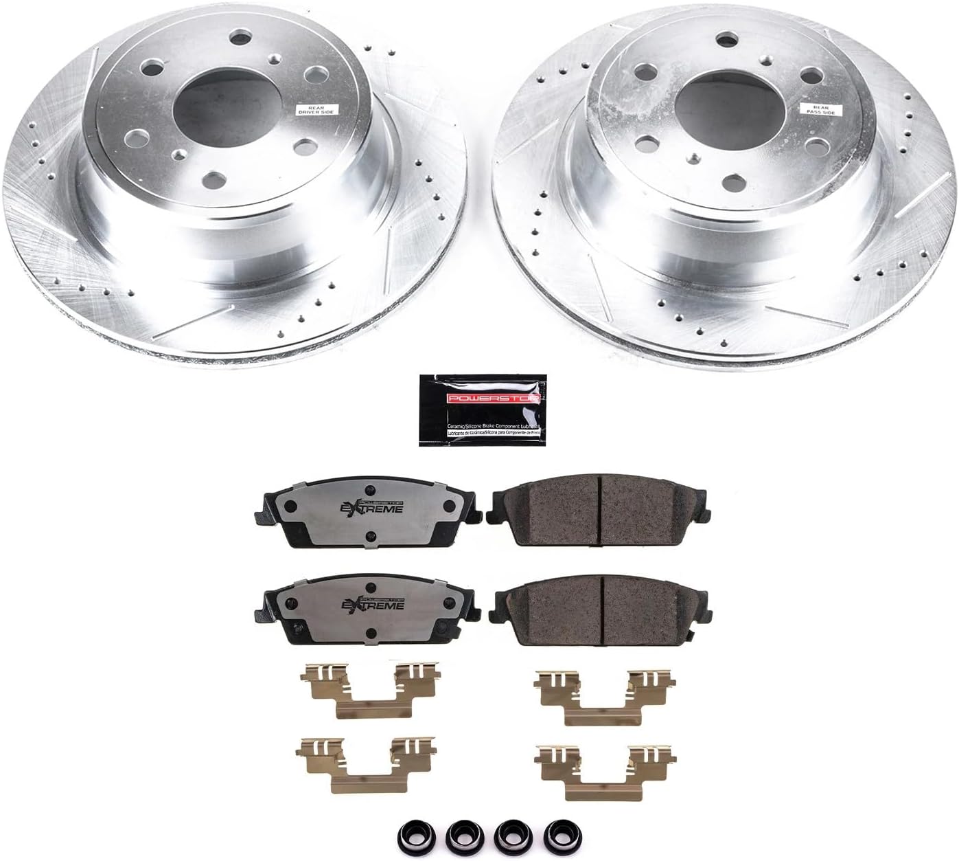 PowerStop Rear Brake Kit For Cadillac Escalade 2007-14 |Chevy Silverado 1500 2007-13 |GMC Sierra 1500 2007-13 -Truck & Tow Carbon Fiber Ceramic Brake Pads + Drilled & Slotted Rotors Upgrade, K2083-36