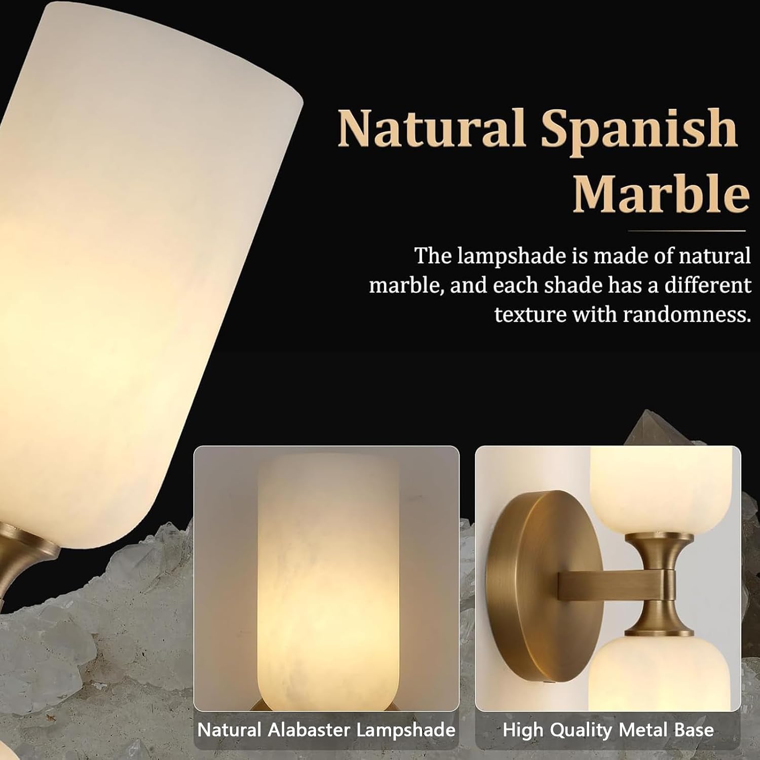 Alabaster Wall Sconce Set of 2, 14in Modern Brass Spanish Natural Marble Bathroom Vanity Sconces, Indoor Gold Wall Lighting Fixtures Decor for Bedroom Living Room Staircases