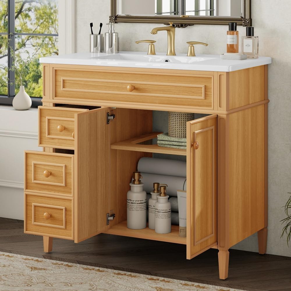 36 Inch Bathroom Vanity with Sink, Single Sink Bathroom Vanities, Gold Handles Bathroom Sink Cabinet (Wood)