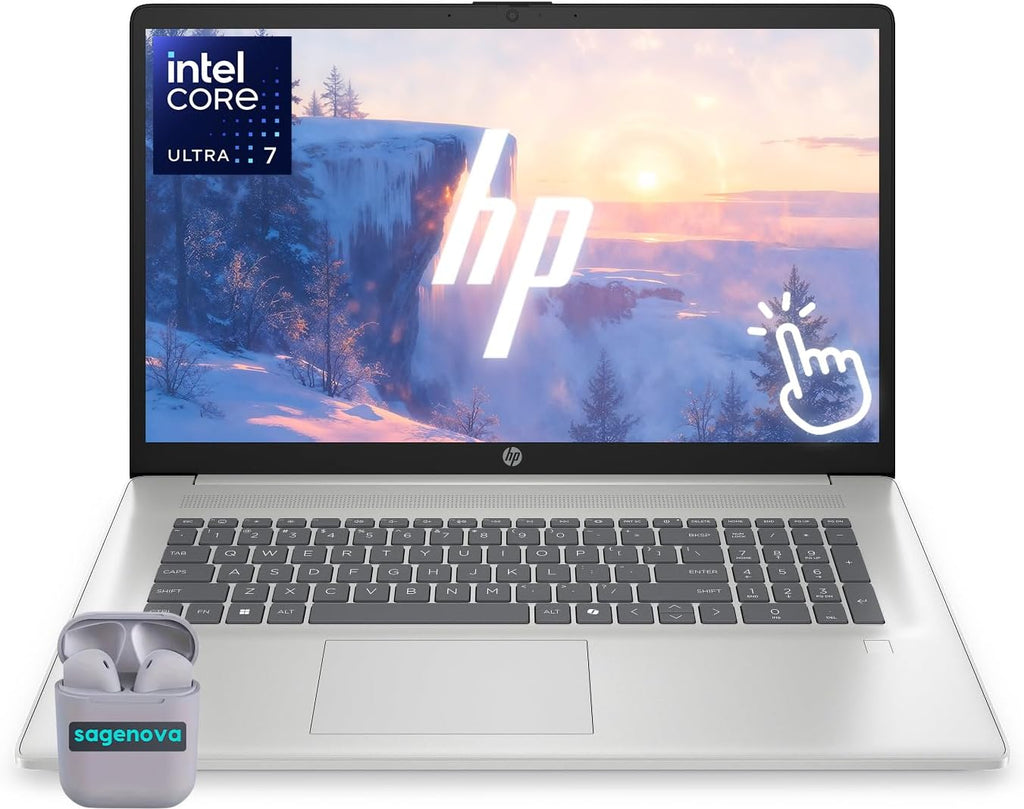 HP 17.3' Touchscreen Laptop Computer, Windows 11, 16GB RAM 1TB SSD, Intel Core Ultra 7 255U, HD+ 1600 x 900 Display, Fingerprint Reader, Backlit Keyboard, SageNova Earphones, Natural Silver