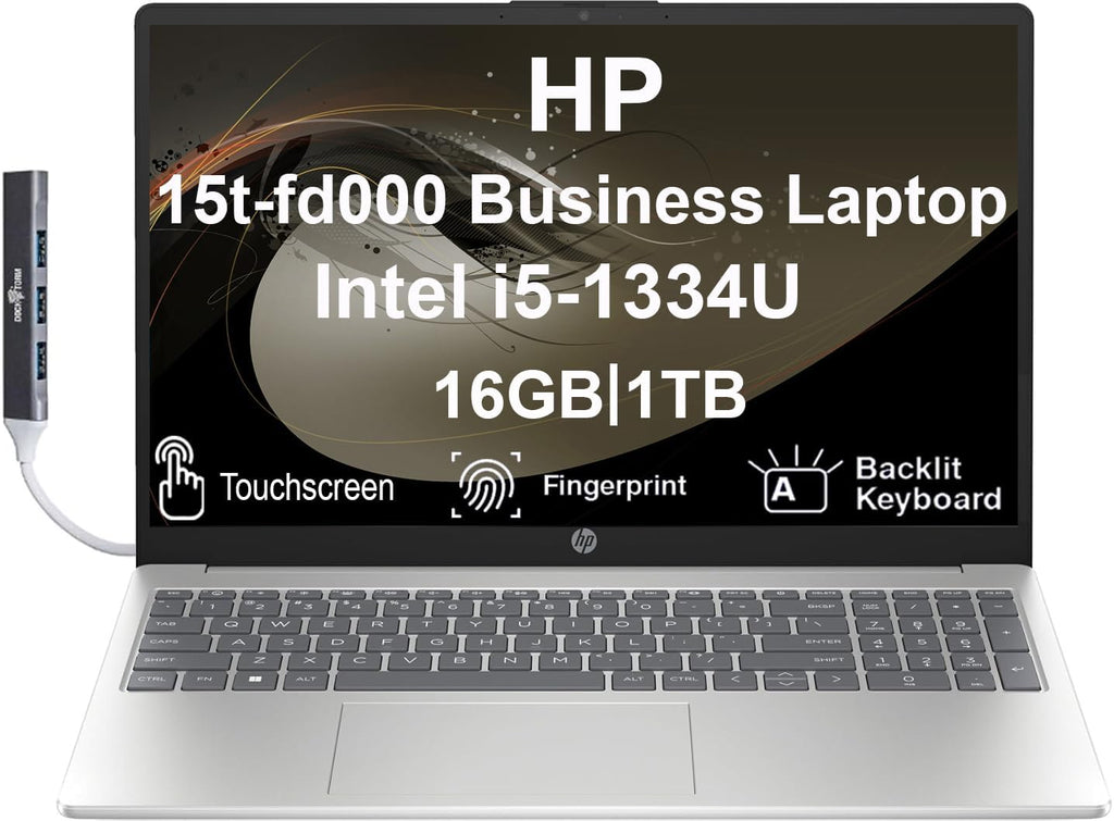 HP 15t-fd000 Business Laptop 15.6' IPS Touch FHD Display (Intel i5-1334U, 16GB RAM, 1TB PCIe SSD, Intel UHD Graphics, Backlit KYB, Fingerprint, WiFi 6, BT 5.3, Win11H) with DKZ Hub USB Port Expander