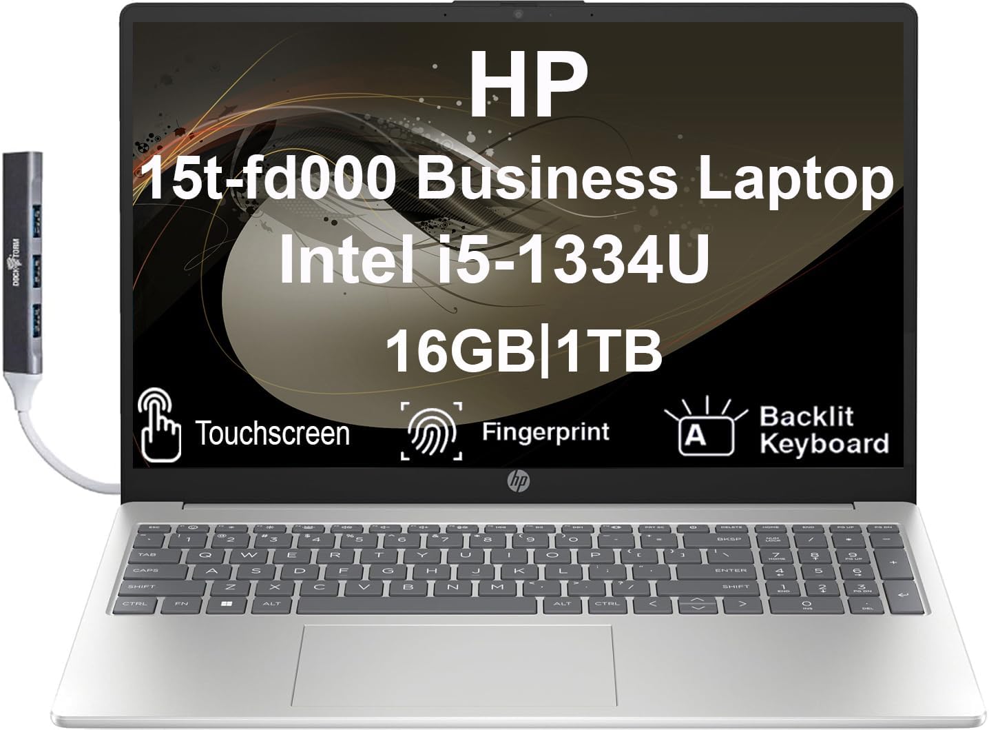 HP 15t-fd000 Business Laptop 15.6' IPS Touch FHD Display (Intel i5-1334U, 16GB RAM, 1TB PCIe SSD, Intel UHD Graphics, Backlit KYB, Fingerprint, WiFi 6, BT 5.3, Win11H) with DKZ Hub USB Port Expander