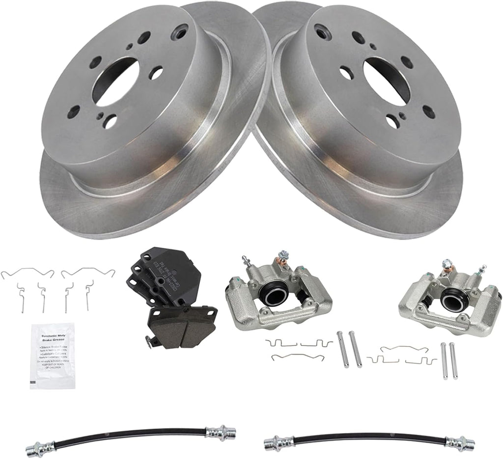TRQ Rear Brake Pad and Rotor Set Ceramic Rotors Calipers Hoses Compatible with 2003-2006 Pontiac Vibe