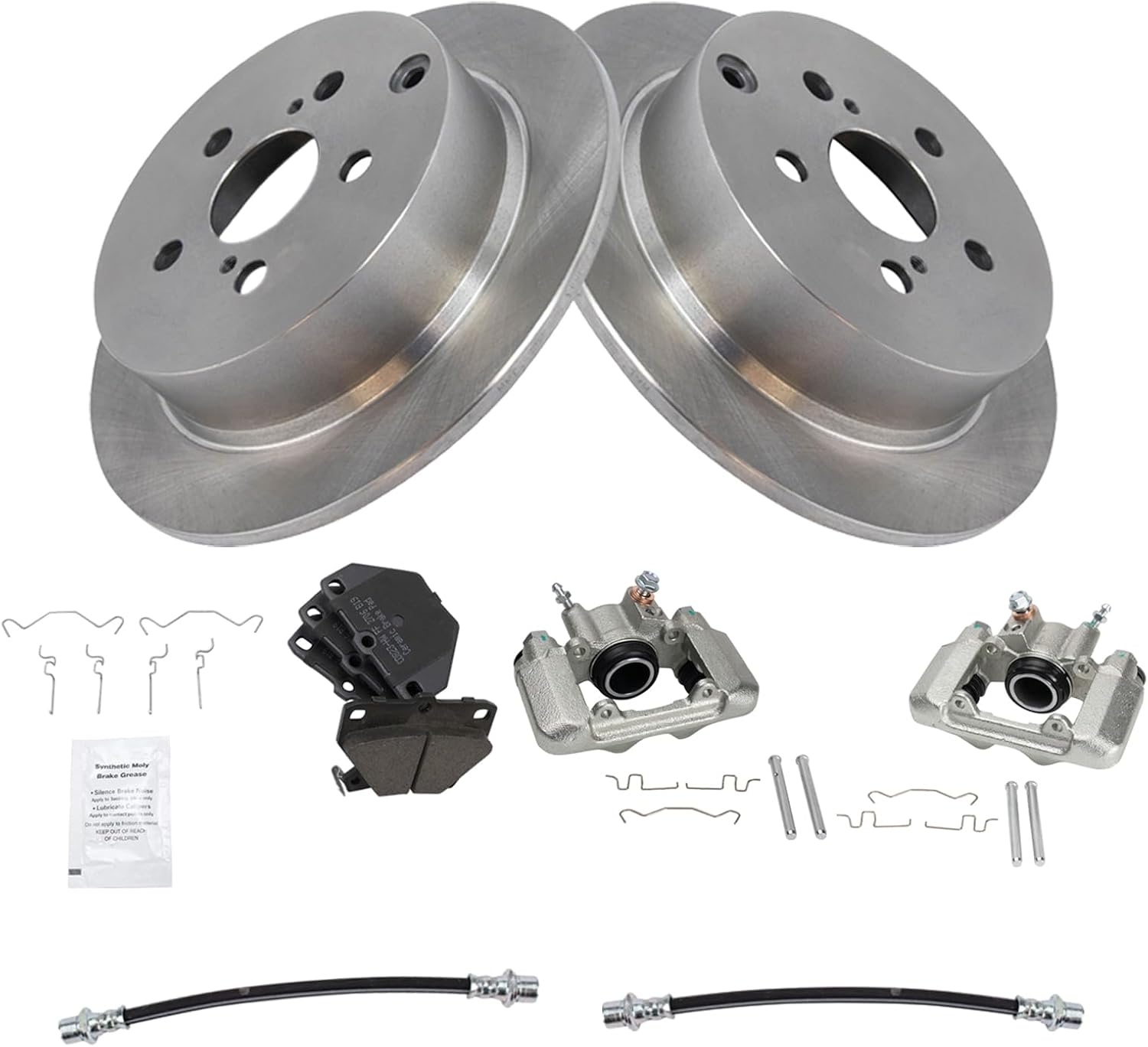 TRQ Rear Brake Pad and Rotor Set Ceramic Rotors Calipers Hoses Compatible with 2003-2006 Pontiac Vibe