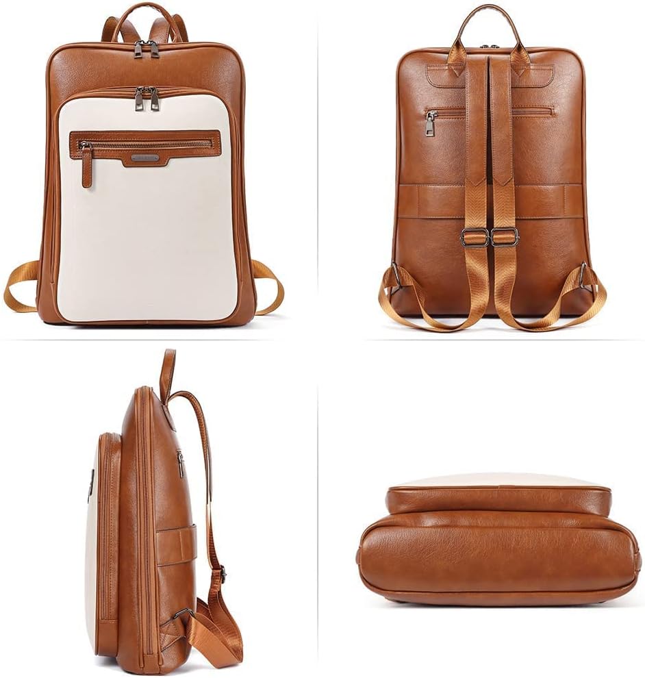 CLUCI Leather Laptop Backpack for Women 15.6 Inch Computer Travel Large Business Work Daypack Off-White with Brown
