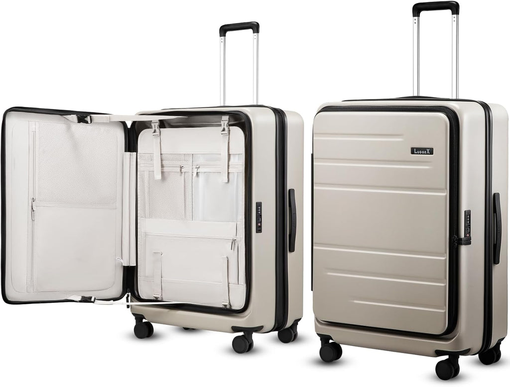 LUGGEX Checked Suitcase Top Opening, Expandable Polycarbonate Hard Shell Suitcase with Wheels (FX-Core, Beige, Bigger 28 Inch, 105L-115L)