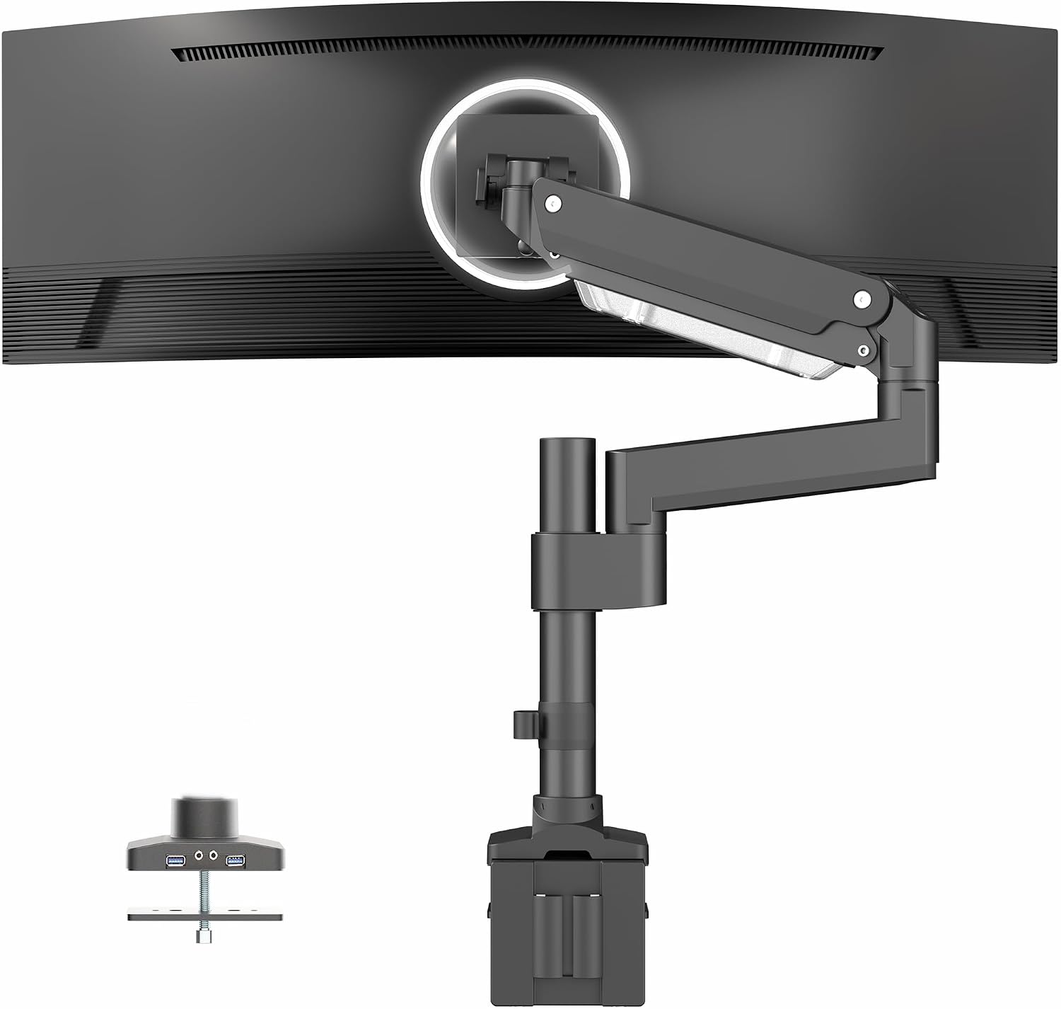 VIVO Premium Aluminum Tall Extended Monitor Arm for Ultrawide Monitors up to 49 inches and 33 lbs, USB Single Desk Mount Stand, Pneumatic Height Adjust, Max VESA 100x100, Black, STAND-V101GTU