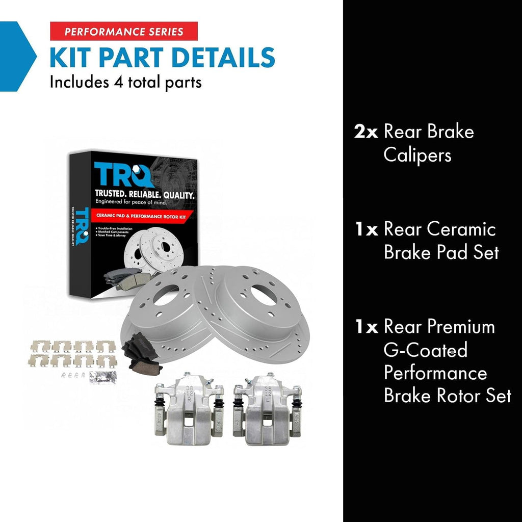 TRQ Performance Rear Brake Pad and Rotor Set Ceramic Drilled Slotted Coated Rotors Calipers Compatible with 2012-2018 Toyota RAV4