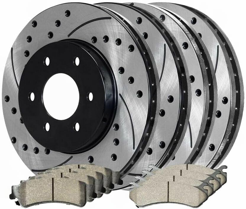 Front and Rear Side Drilled Slotted Ceramic Power Disc Set Kit Brake Rotors and Pads for Chevy for Astro 2003-2005 for Tahoe 2000-2001 for Silverado 1500 1999-2006 & Classic 2007