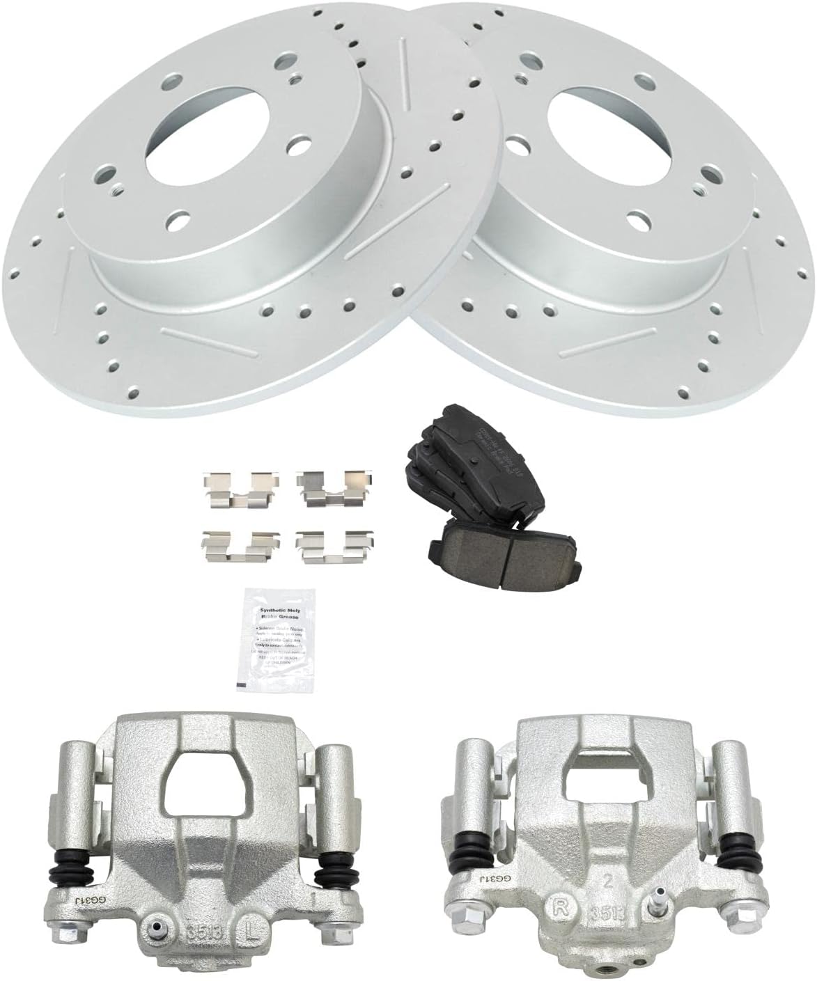TRQ Performance Rear Brake Pad and Rotor Set Ceramic Solid Rotors Calipers Compatible with 2003 Nissan Maxima