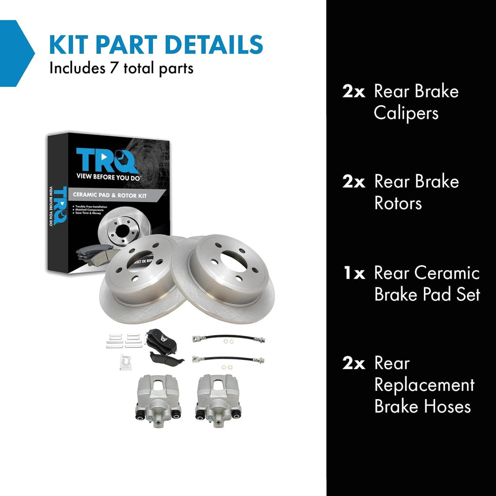 TRQ Rear Brake Pad and Rotor Set Ceramic Rotors Calipers Hoses Compatible with 2003-2005 Jeep Liberty