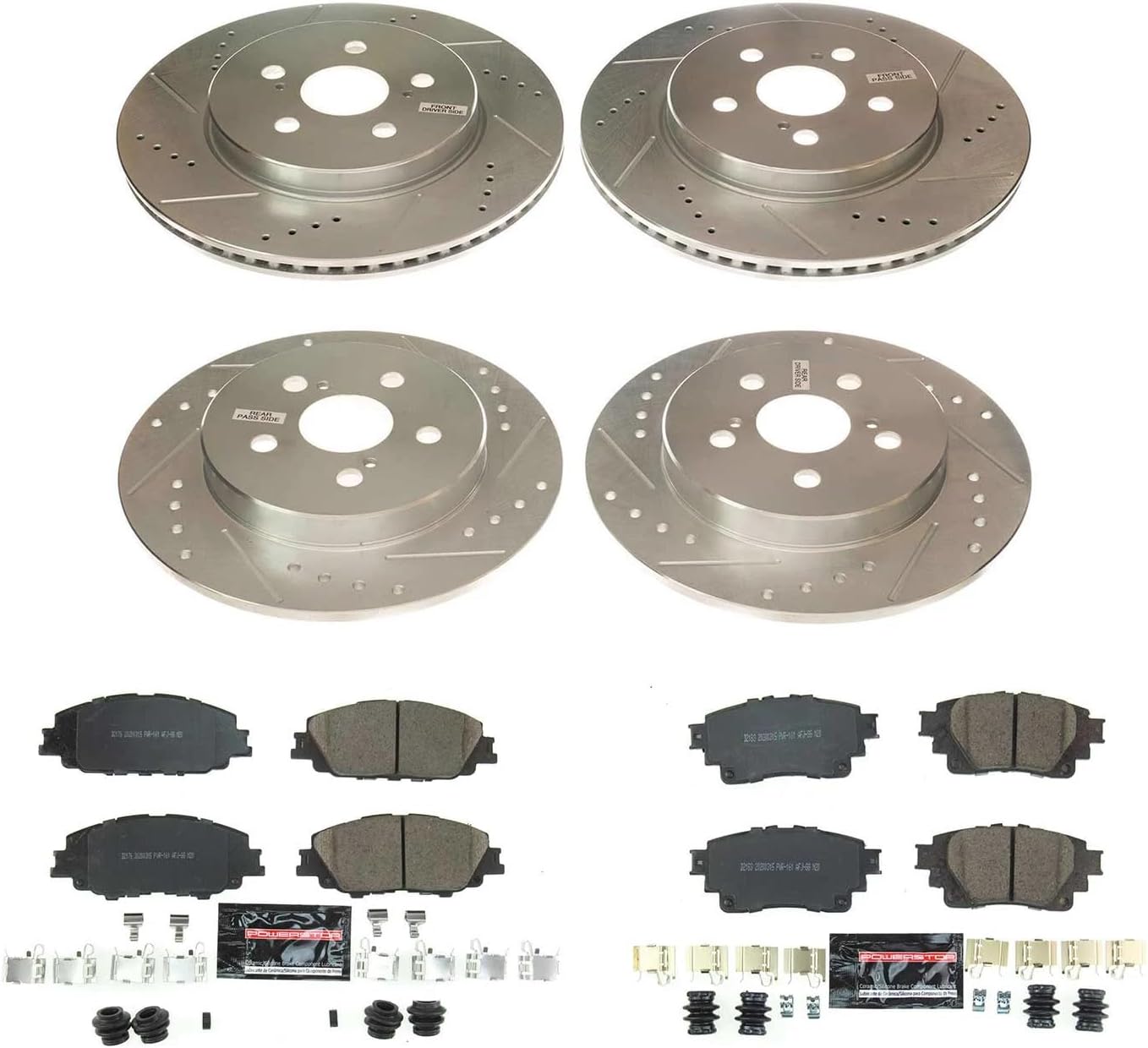 PowerStop Front and Rear Brake Kit for Toyota Corolla 2019-24 - Drilled and Slotted Disc Rotors with Carbon-Fiber Ceramic Brake Pads Replacement, K8362