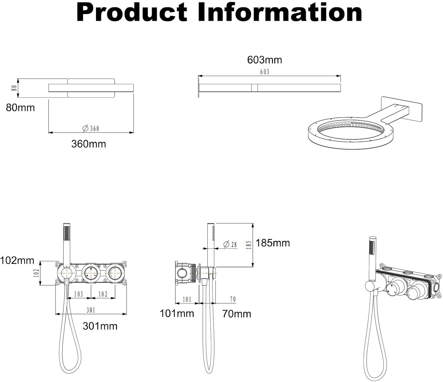 Shower System Concealed, Rain, Waterfall Mode, 3 Functions Shower Set, 12in/30cm Shower Faucet Set, 304 Stainless Steel Round Shower Head, 59ABrass Body, Durable