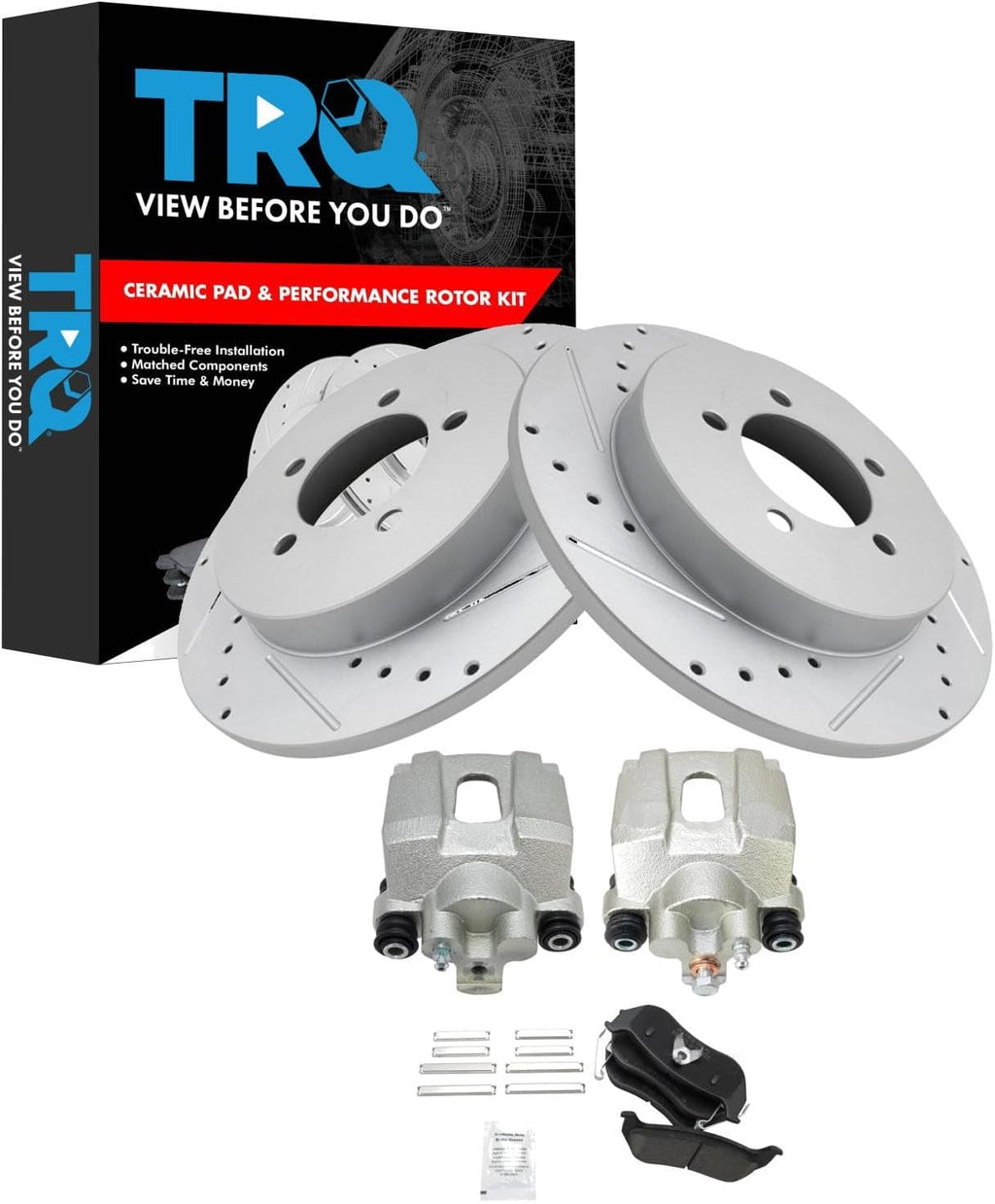TRQ Performance Rear Brake Pad and Rotor Set Ceramic Drilled Slotted Solid Rotors Calipers Compatible with 2006-2010 Ford Explorer 2007-2010 Explorer Sport Trac 2006-2010 Mercury Mountaineer