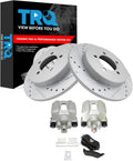 TRQ Performance Rear Brake Pad and Rotor Set Ceramic Drilled Slotted Solid Rotors Calipers Compatible with 2006-2010 Ford Explorer 2007-2010 Explorer Sport Trac 2006-2010 Mercury Mountaineer