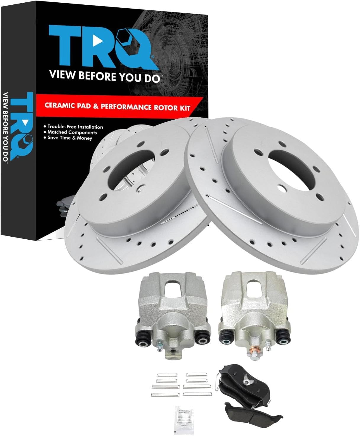 TRQ Performance Rear Brake Pad and Rotor Set Ceramic Drilled Slotted Solid Rotors Calipers Compatible with 2006-2010 Ford Explorer 2007-2010 Explorer Sport Trac 2006-2010 Mercury Mountaineer