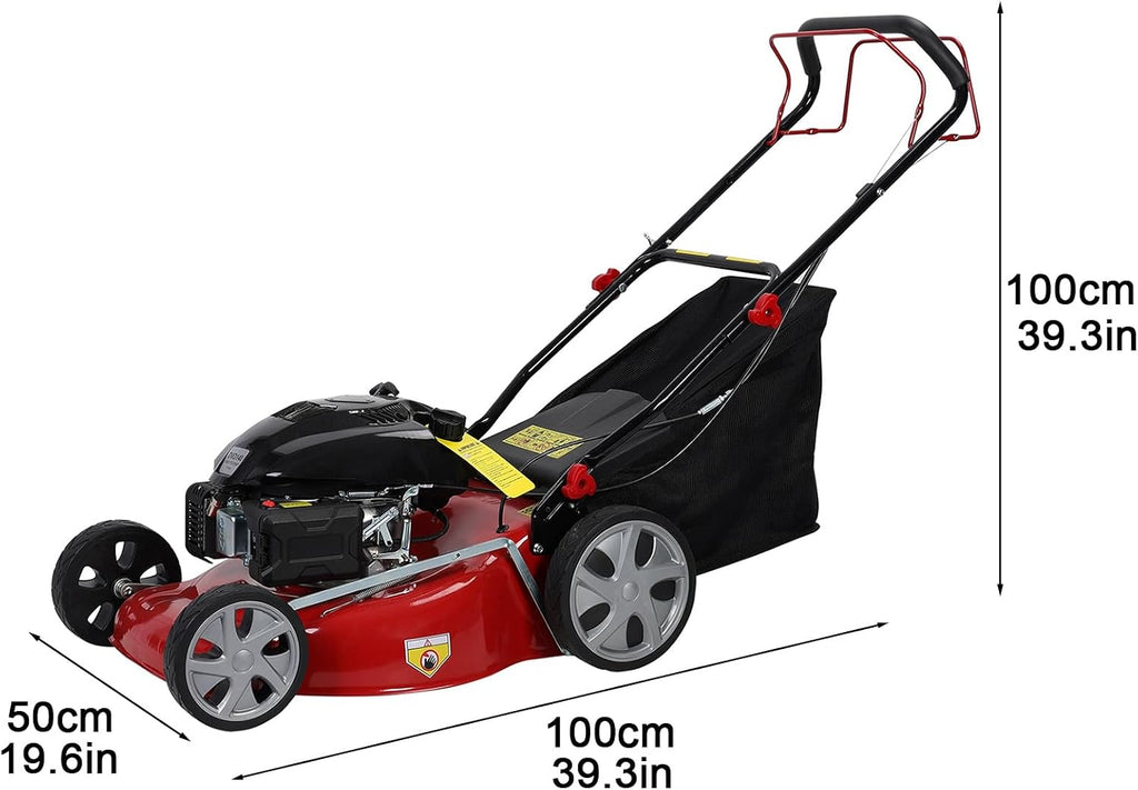 20' 141cc Lawn Mower Gas, 4-Stroke Self Propelled Push Lawn Mower with Blade & 50L Bag, 3-in-1 Walk-Behind Lawns Mowers, Foldable Handle for Easy Storage Red