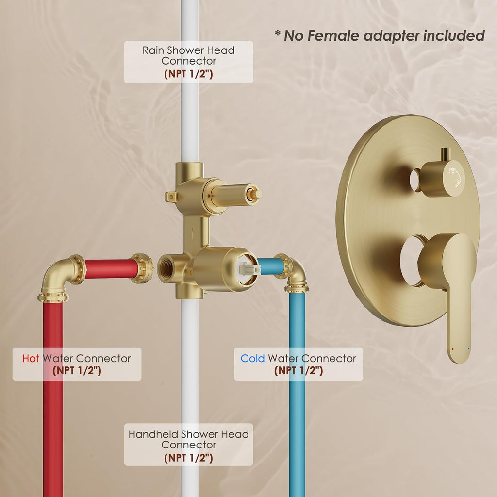 Brushed Gold Shower System, Bathroom Shower Combo Set with 8-Inch Rain Shower Head, 8-Spray Mode Filtered Handheld Shower Head, Wall Mounted with Rough-In Valve Body and Trim Included