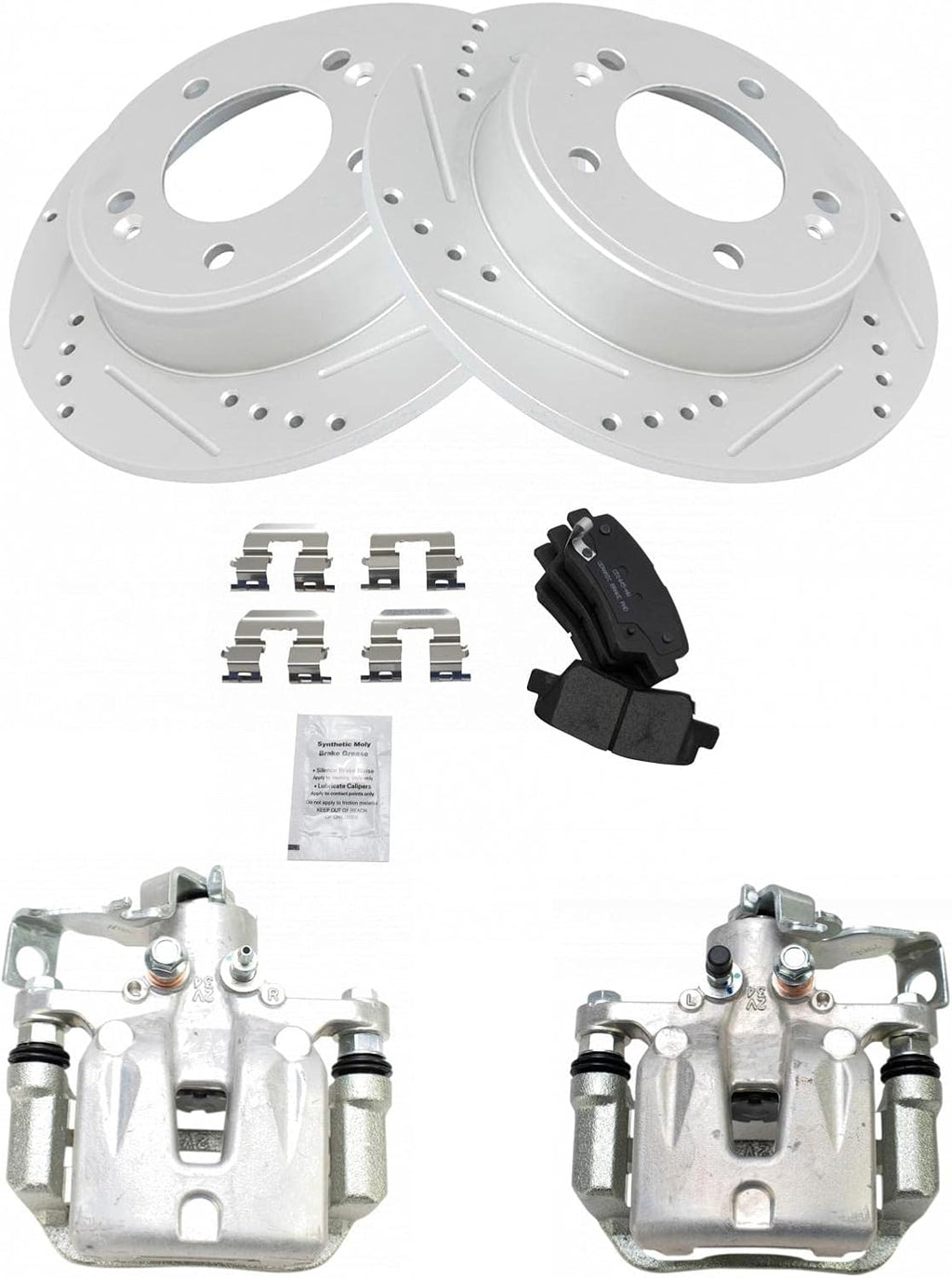 TRQ Rear Ceramic Brake Pad, Performance Rotor & Caliper Kit Compatible with Kia Hyundai