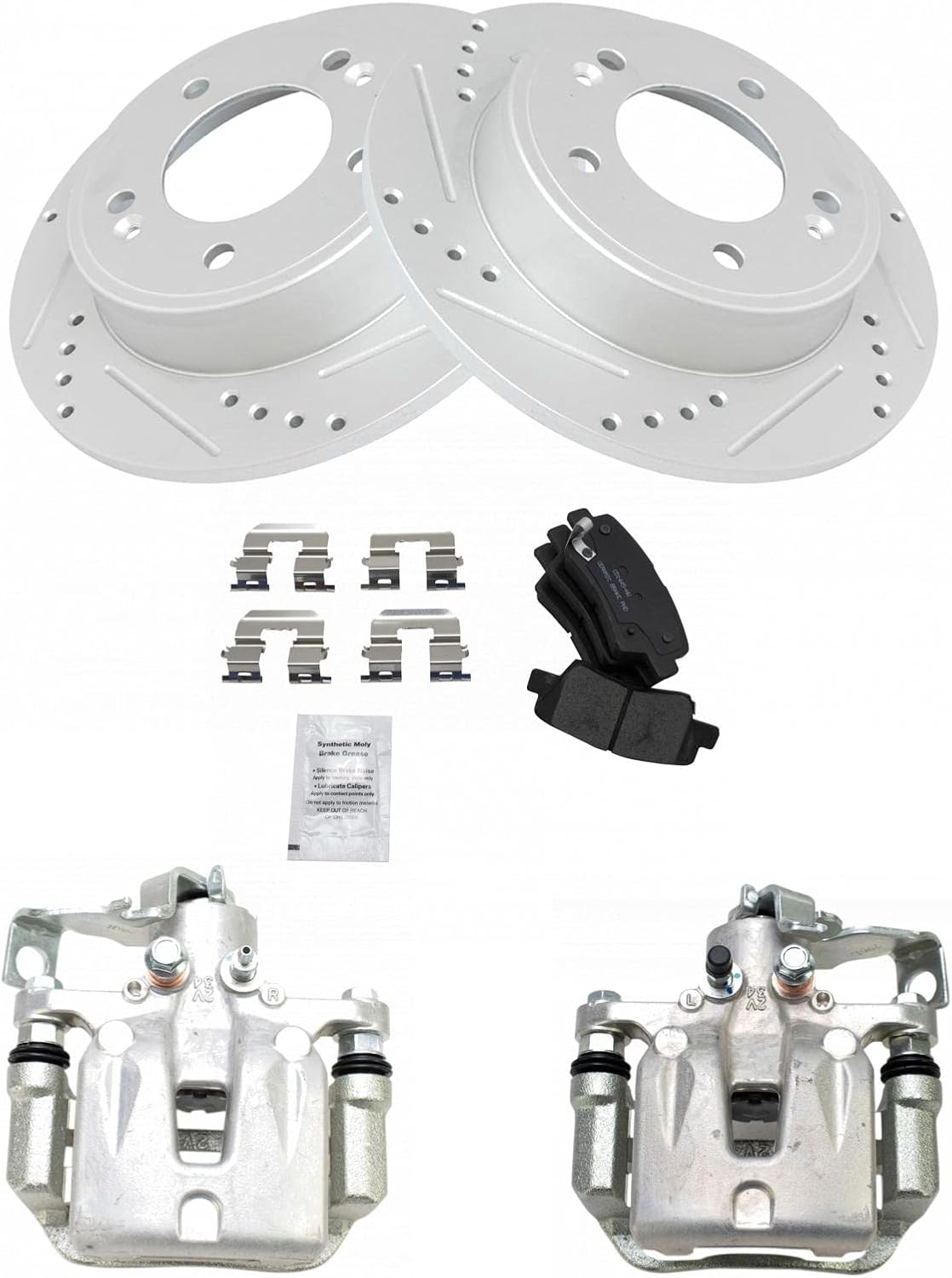 TRQ Rear Ceramic Brake Pad, Performance Rotor & Caliper Kit Compatible with Kia Hyundai