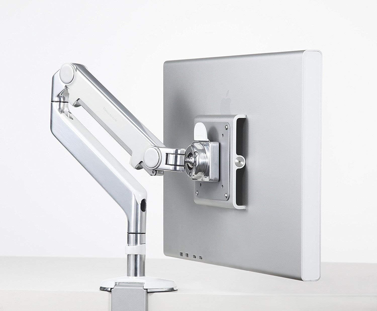 Humanscale M2 M2CW1S Adjustable Articulating Computer Monitor Arm - Two Piece Clamp On Mount with Base - Polished Aluminum with White Trim