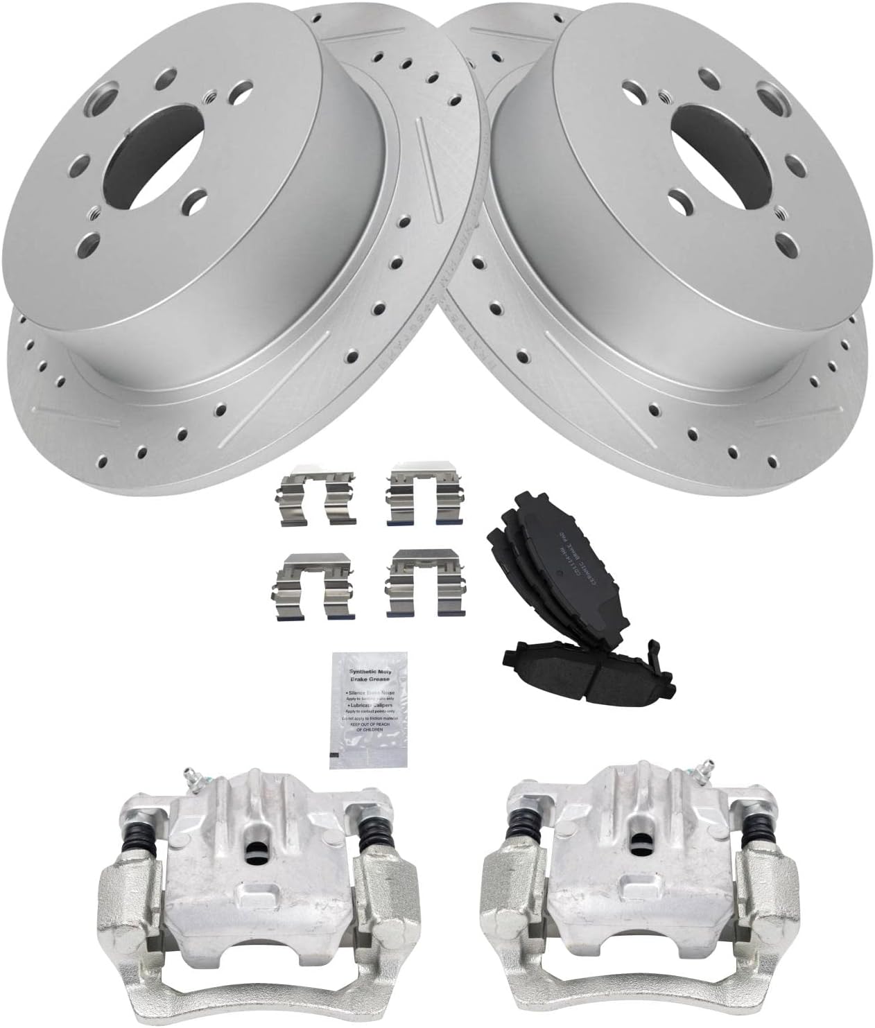 TRQ Performance Rear Brake Pad and Rotor Set Ceramic Drilled Slotted Solid Rotors Calipers Compatible with 2014-2018 Subaru Forester 2012-2019 Impreza 2013-2015 XV Crosstrek 2016-2019 Crosstrek