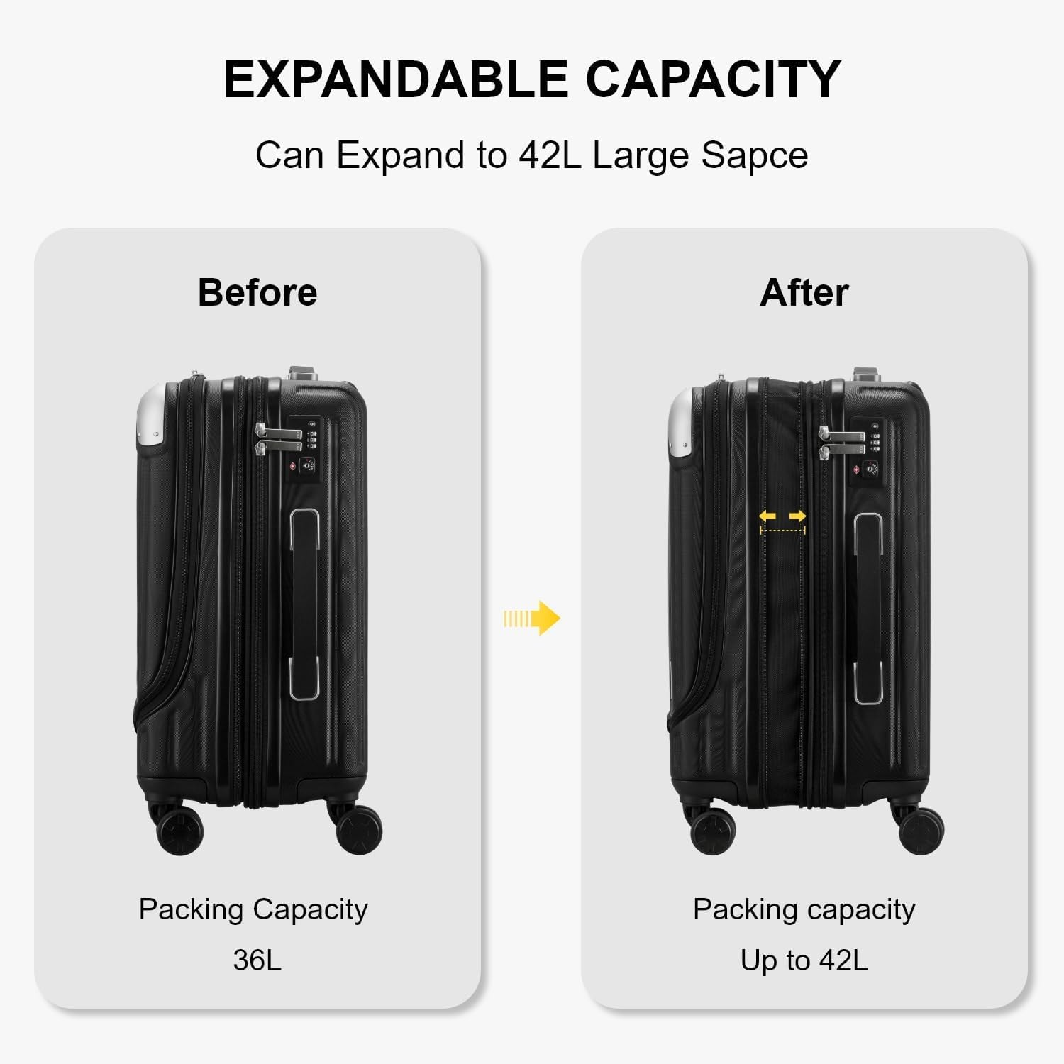 LEVEL8 Grace Carry On Luggage Airline Approved, 20 Inch Expandable Hardside Carry On Suitcase With Wheels, Abs+Pc Small Luggage with Tsa Lock, Black, 20-Inch