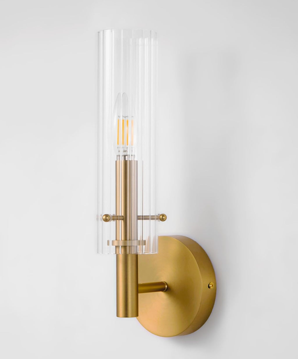 14.5 Inch Hardwired Brushed Gold Wall Sconces with Ribbed Glass Shade Brass Gold Bathroom Sconces Set of 2 (Bulb Included)