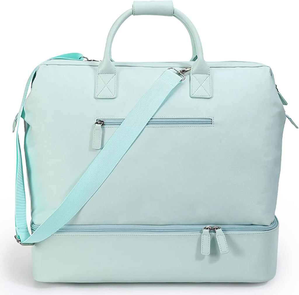 Nobl Travel Weekender Bag for Women & Men, Large Duffel Carry-On Tote with Trolley Sleeve, Separate Shoe Compartment & Laptop Pocket, Leather Overnight Bag for Airplane, Gym, Road Trips - Powder Blue
