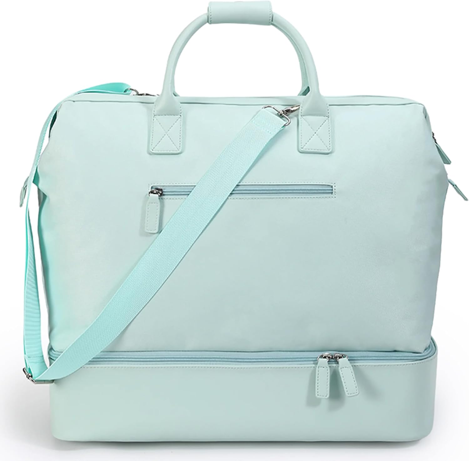 Nobl Travel Weekender Bag for Women & Men, Large Duffel Carry-On Tote with Trolley Sleeve, Separate Shoe Compartment & Laptop Pocket, Leather Overnight Bag for Airplane, Gym, Road Trips - Powder Blue