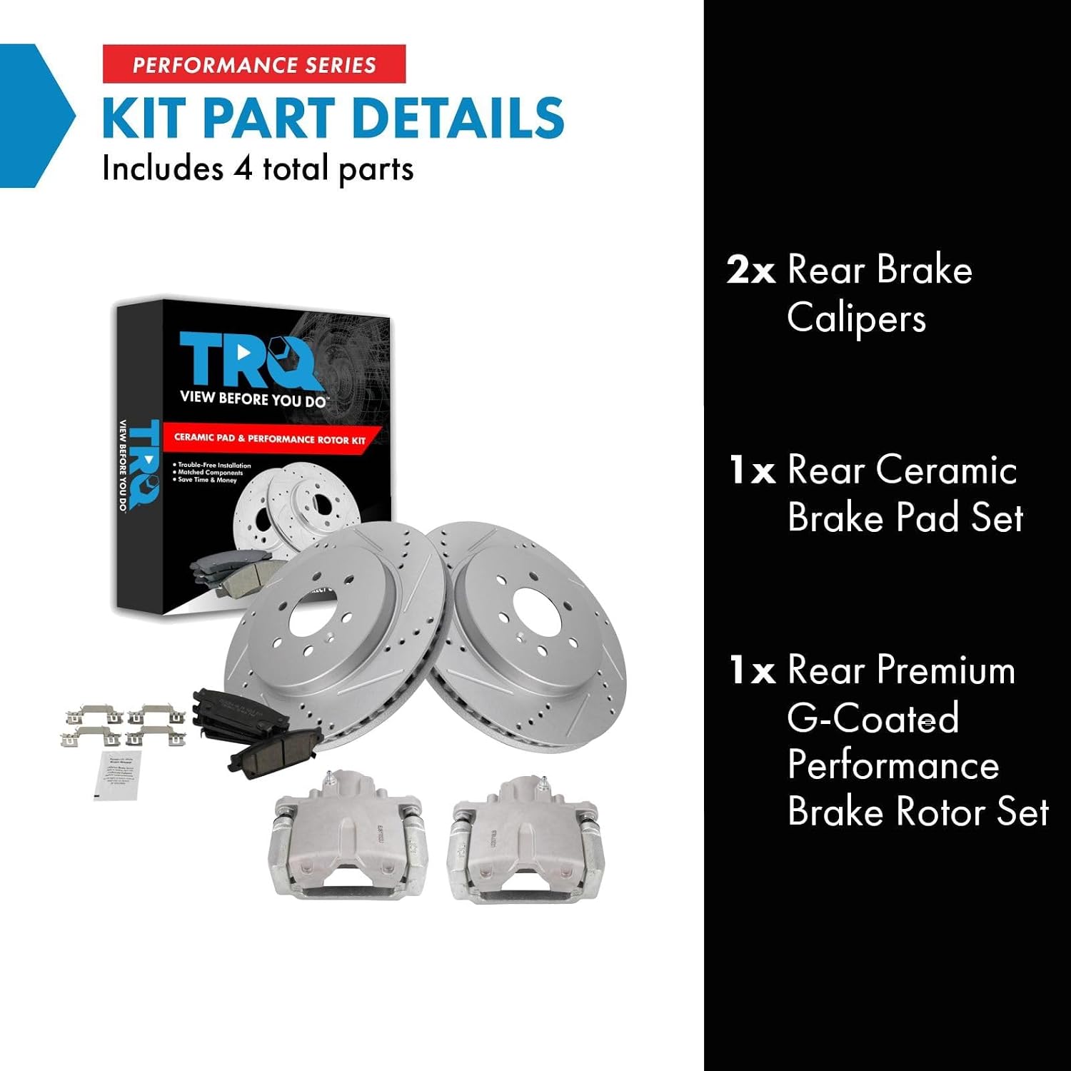 TRQ Performance Rear Brake Pad and Rotor Set Ceramic Vented Coated Rotors Calipers Compatible with 2004-2009 Cadillac SRX