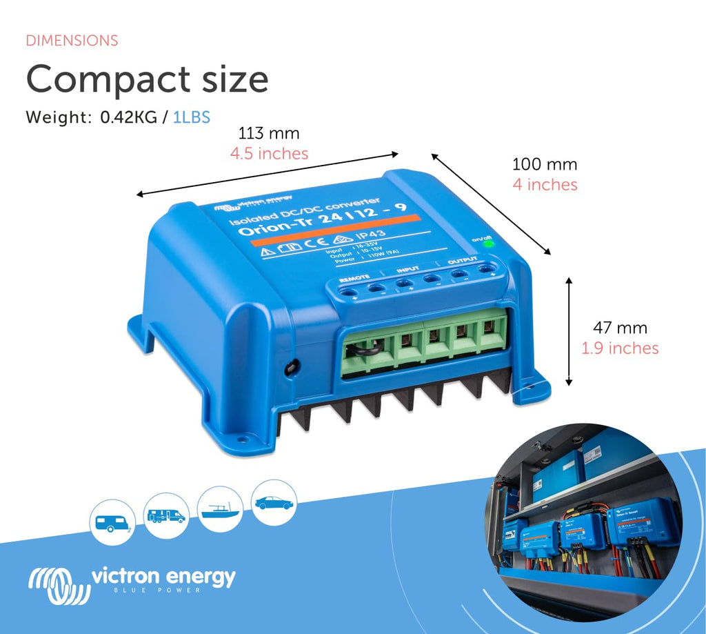 Victron Energy Orion-Tr DC to DC Converter - 24/12-Volt 9 amp 110-Watt - IP43 Protected - for Dual Battery Systems - Isolated