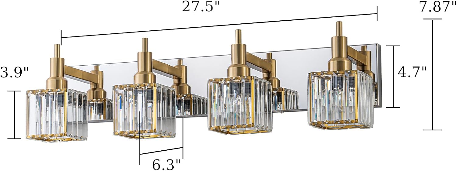 Crystal Bathroom Light Gold Chrome 4-Light Modern Bathroom Vanity Fixtures Over Mirror Square Crystal Wall Sconce