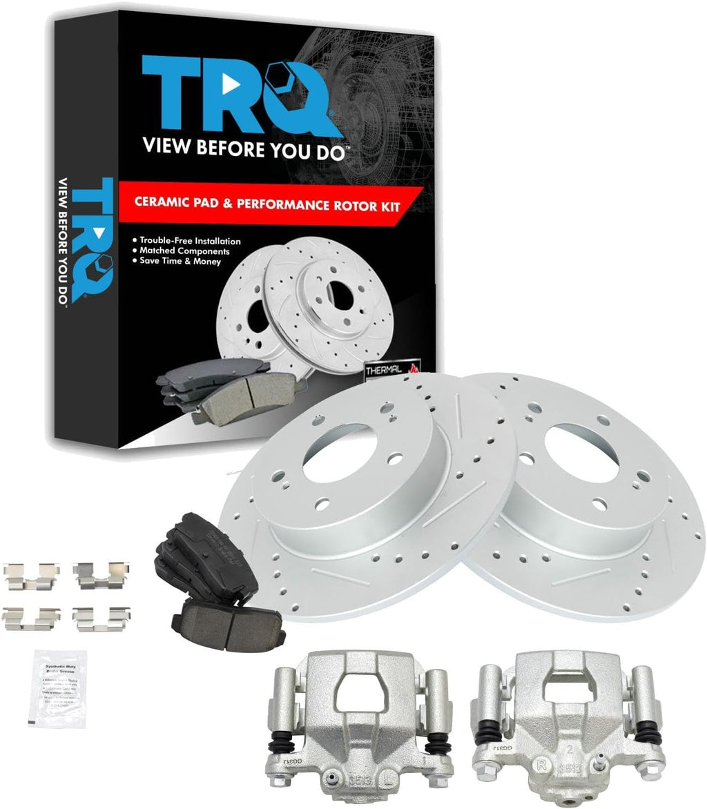 TRQ Performance Rear Brake Pad and Rotor Set Ceramic Solid Rotors Calipers Compatible with 2003 Nissan Maxima