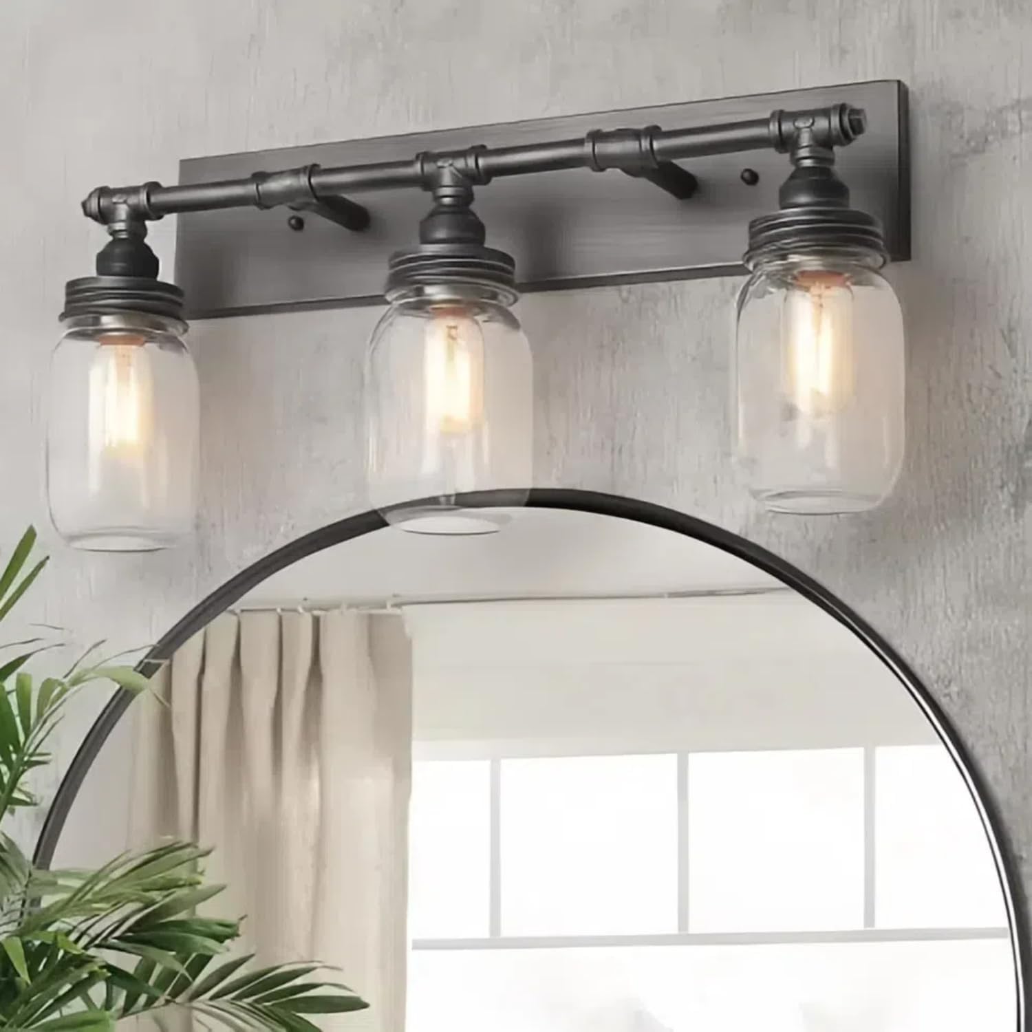 LNC 24'' Large Bathroom Light Fixtures, Industrial 3 Mason Jar Vanity Light with Antique-Silver Brushed Finish