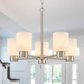 WUZUPS 5-Light Pendant Chandelier Light Frosted White Glass Shade with Grain Ceiling Lighting Elegant Modern Fixture Bathroom Kitchen Dining Room Entry Foyer, H 15.8' W21, E12 Base, Brushed Nickel