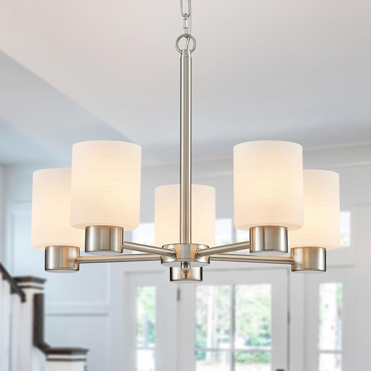 WUZUPS 5-Light Pendant Chandelier Light Frosted White Glass Shade with Grain Ceiling Lighting Elegant Modern Fixture Bathroom Kitchen Dining Room Entry Foyer, H 15.8' W21, E12 Base, Brushed Nickel