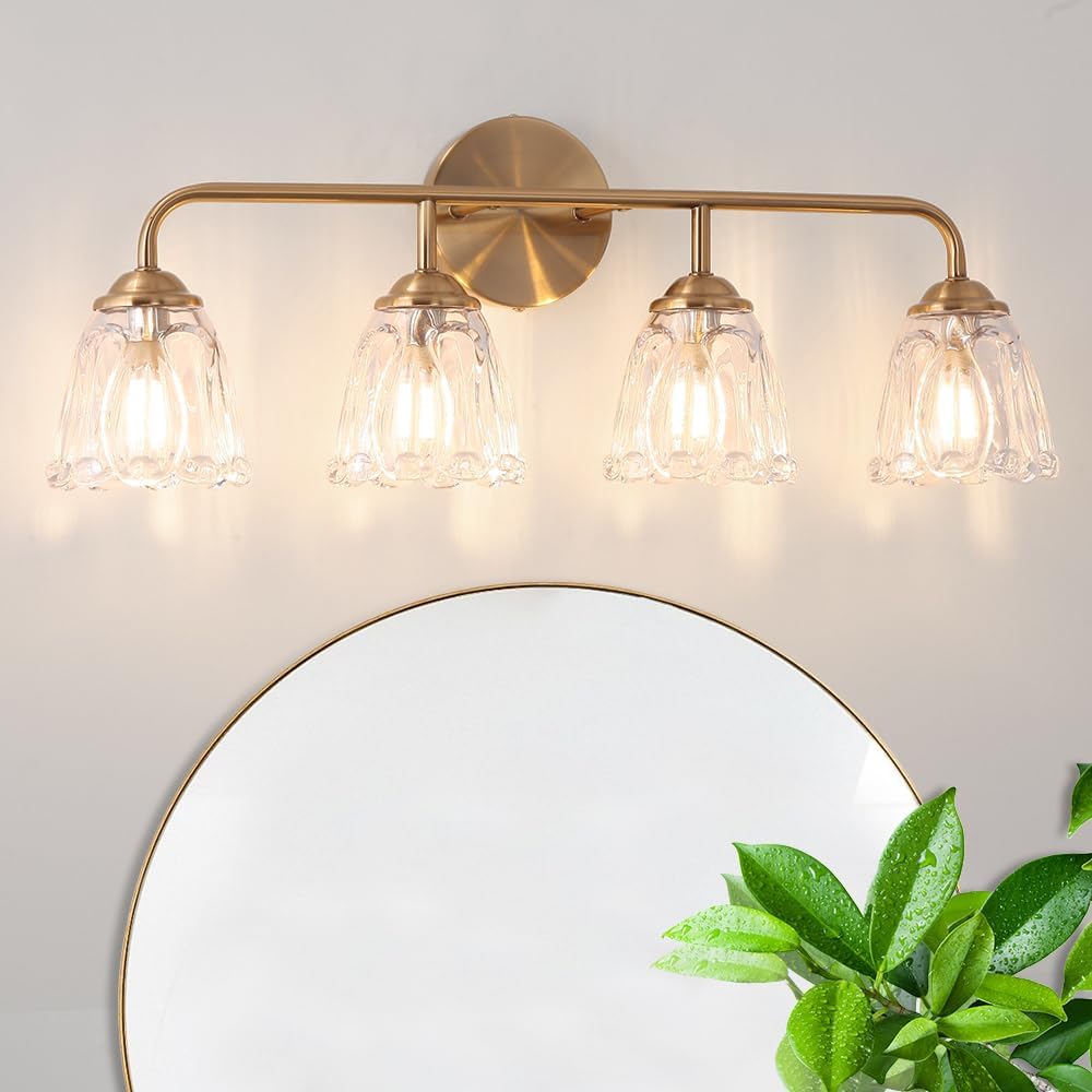 Daunton Vintage Bathroom Vanity Light, Brown Bronze Vanity Lighting, 4-Light Bathroom Lighting Fixtures Over Mirror, Elegant Flower Glass Light with Clear Shade, Gold Wall Sconce Lighting for Bedroom