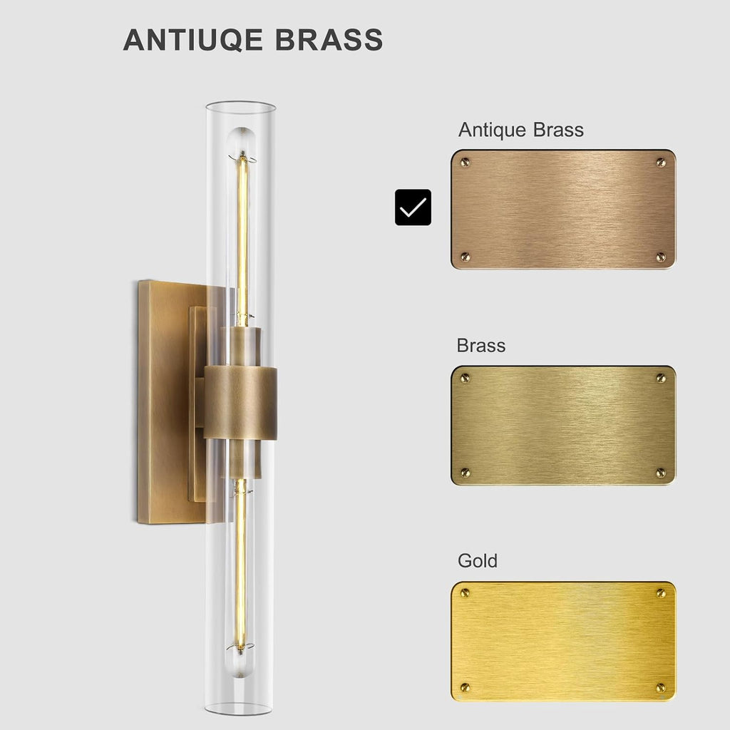 Brass Wall Sconces, 22.8' Bathroom Wall Sconce, Antique Brass Wall Sconces Set of 2, 2-Light Dimmable Wall Sconce, Sconces Wall Lighting With Glass, Bathroom Vanity Light, Tube Sconce for Living Room