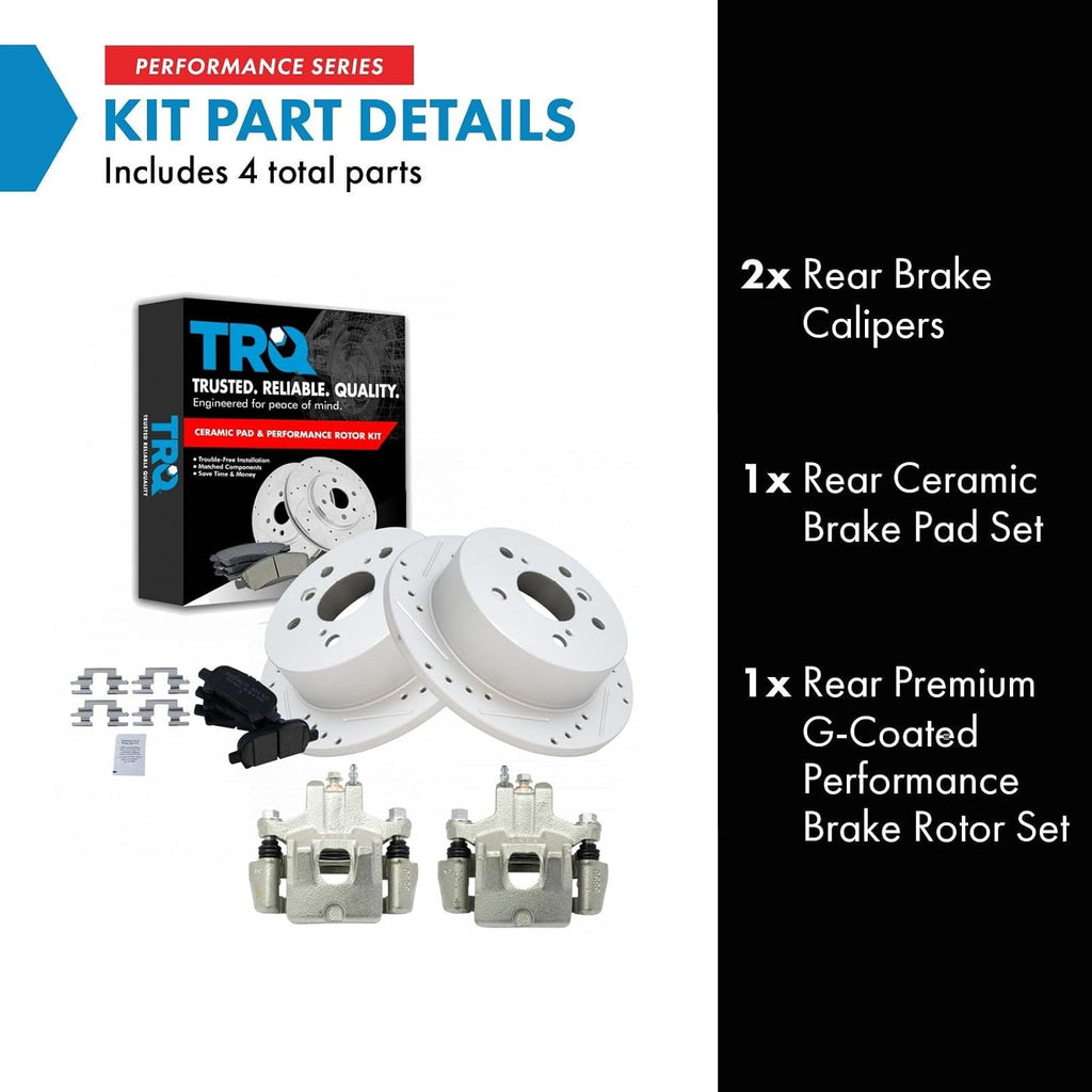 TRQ Performance Rear Brake Pad and Rotor Set Ceramic Coated Drilled Slotted Rotors Calipers Compatible with 2006-2007 Toyota Avalon 2002-2006 Camry 2004-2008 Solara