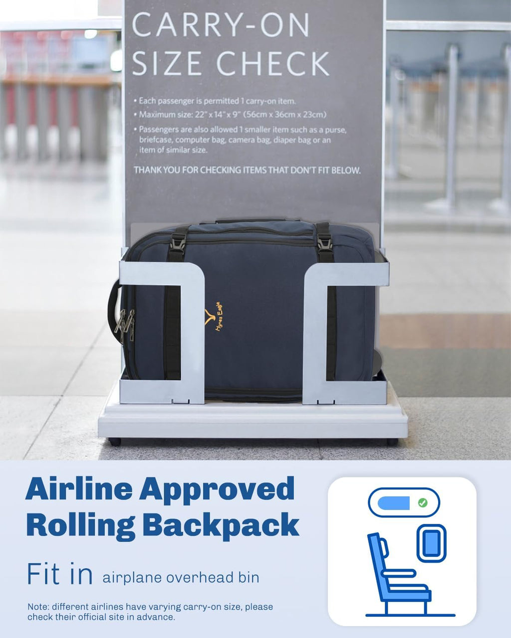 Hynes Eagle Rolling Backpack 42L Backpack with Wheels Airline Approved Carry on Luggage Laptop Travel Suitcase Bag for Women Men Dark Blue