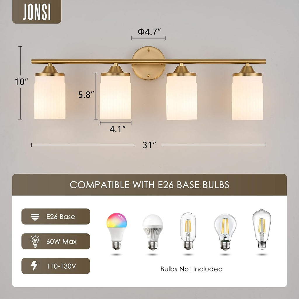 Jonsi Gold Bathroom Light Fixtures 4-Light Vanity Lights Modern Wall Sconce with Milk White Shade Brushed Brass Bathroom Light Fixture Over Mirror for Bedroom Hallway Kitchen