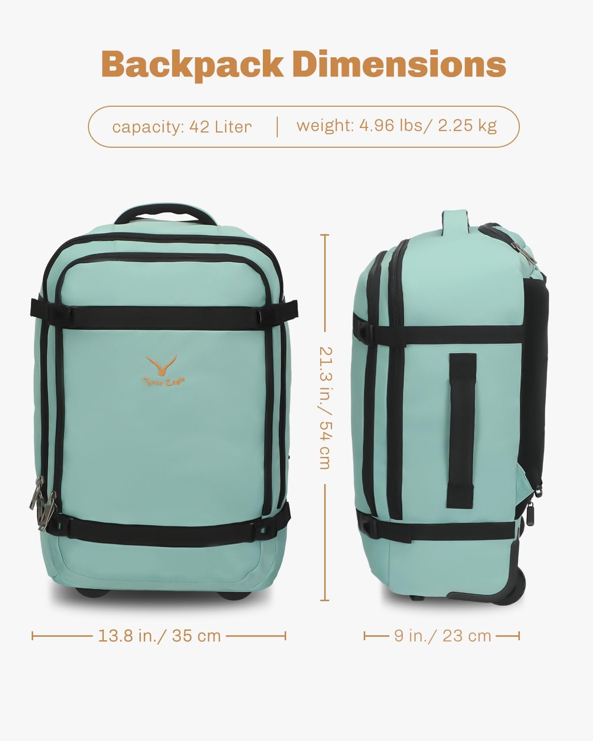 Hynes Eagle Rolling Backpack 42L Backpack with Wheels Airline Approved Carry on Luggage Laptop Travel Suitcase Bag for Women Men Mint Green