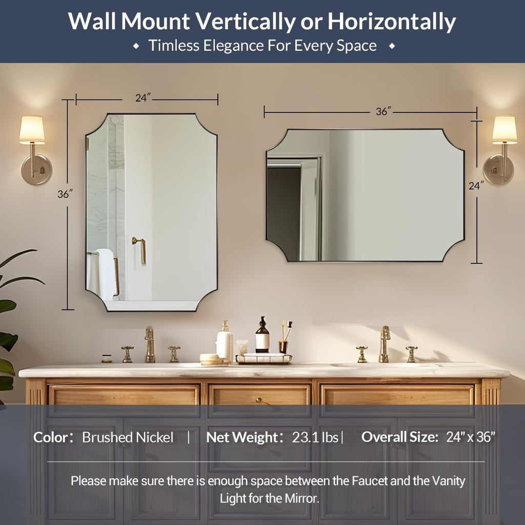 MIRRORART Brushed Nickel Mirrors 24x36 Inch, Contemporary Scalloped Silver Bathroom Mirrors, Notched Corner Rectangle Mirror for Home Remodel in 1'' Stainless Steel Metal Frame Wall Mount Two Ways